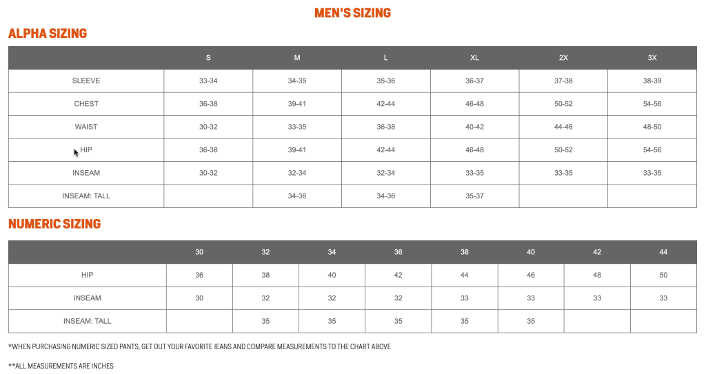 first lite men's size chart